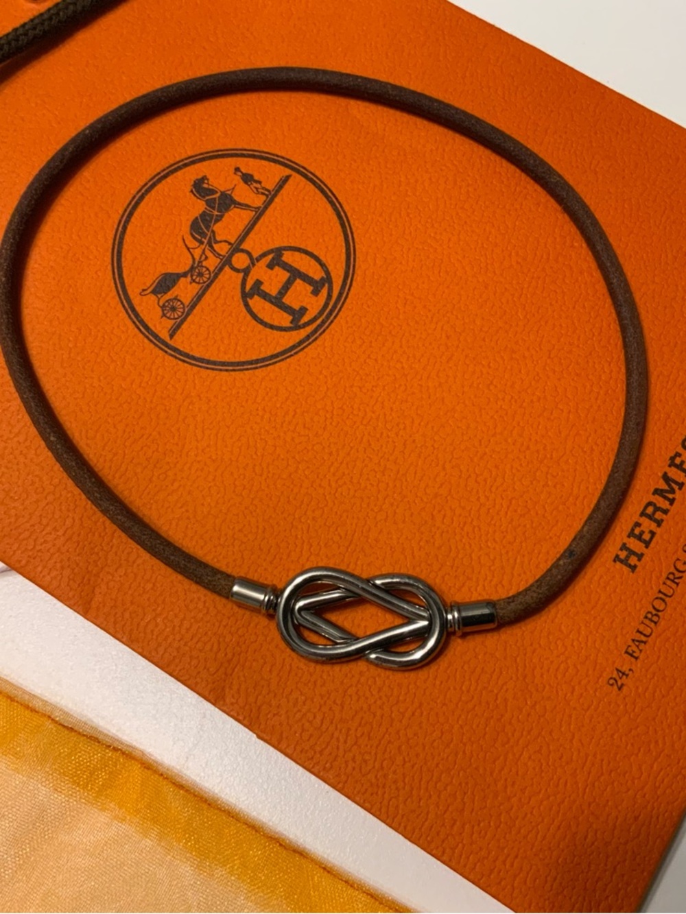 Authentic Hermes Atame silver and brown calf skin Bracelet Choker